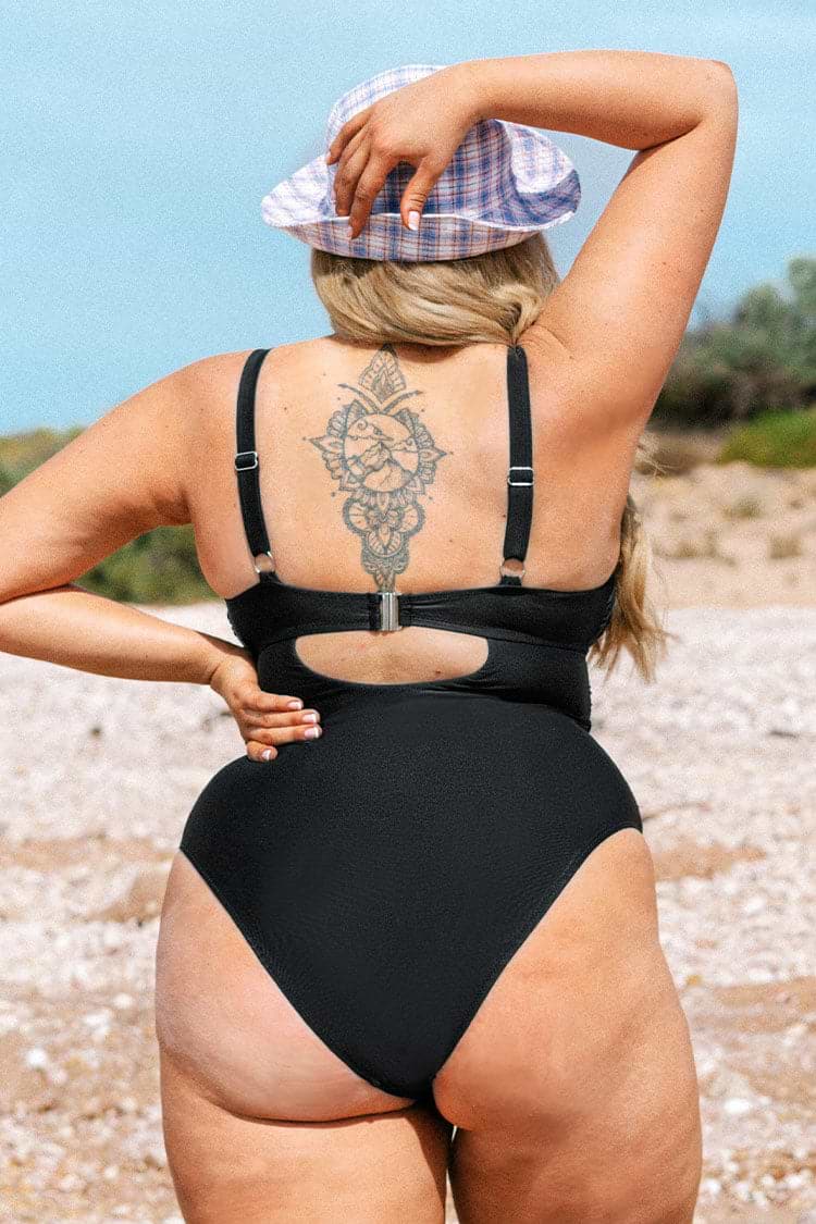 Caitlin Black Strappy Ruched Plus Size One Piece Swimsuit