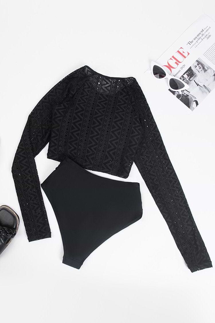 Tankini negro de manga larga con pliegues Royalty