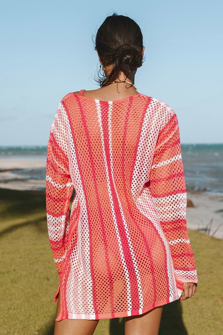 Cover up rayé au crochet à col en V