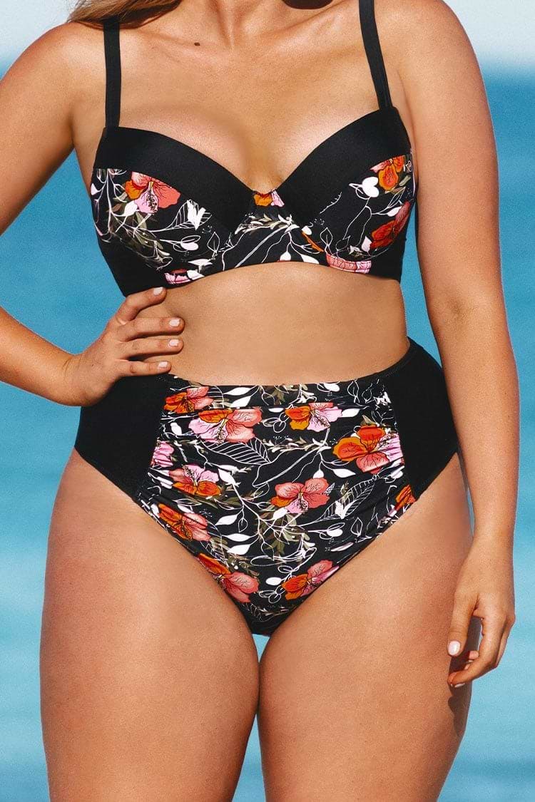 Braguita de Bikini Negro Floral de Cintura Alta Talla Grande