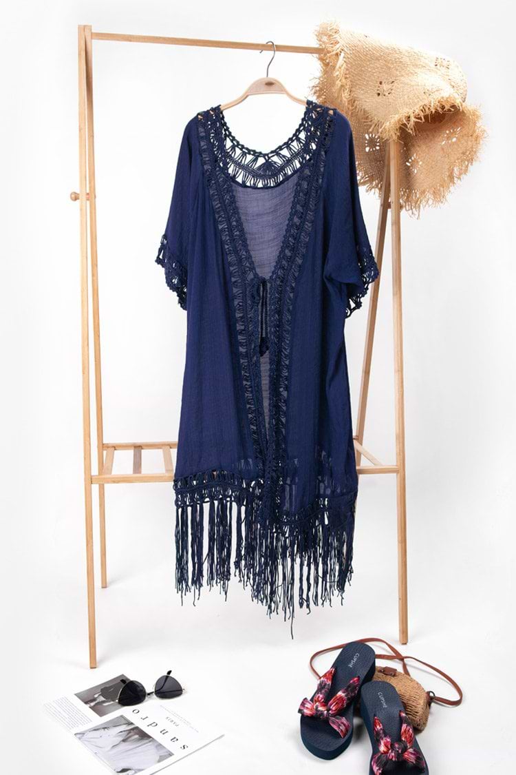 Flamenco Navy Front Open Tassel Crochet Kimono