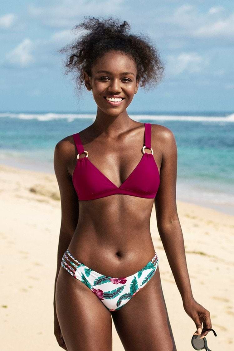 Bikini Morado Oscuro y Floral de Tirantes con Anillos