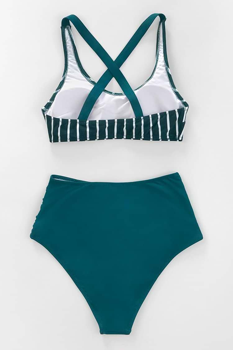 Bikini a Rayas Verde Azulado y Blanco de Cintura Alta