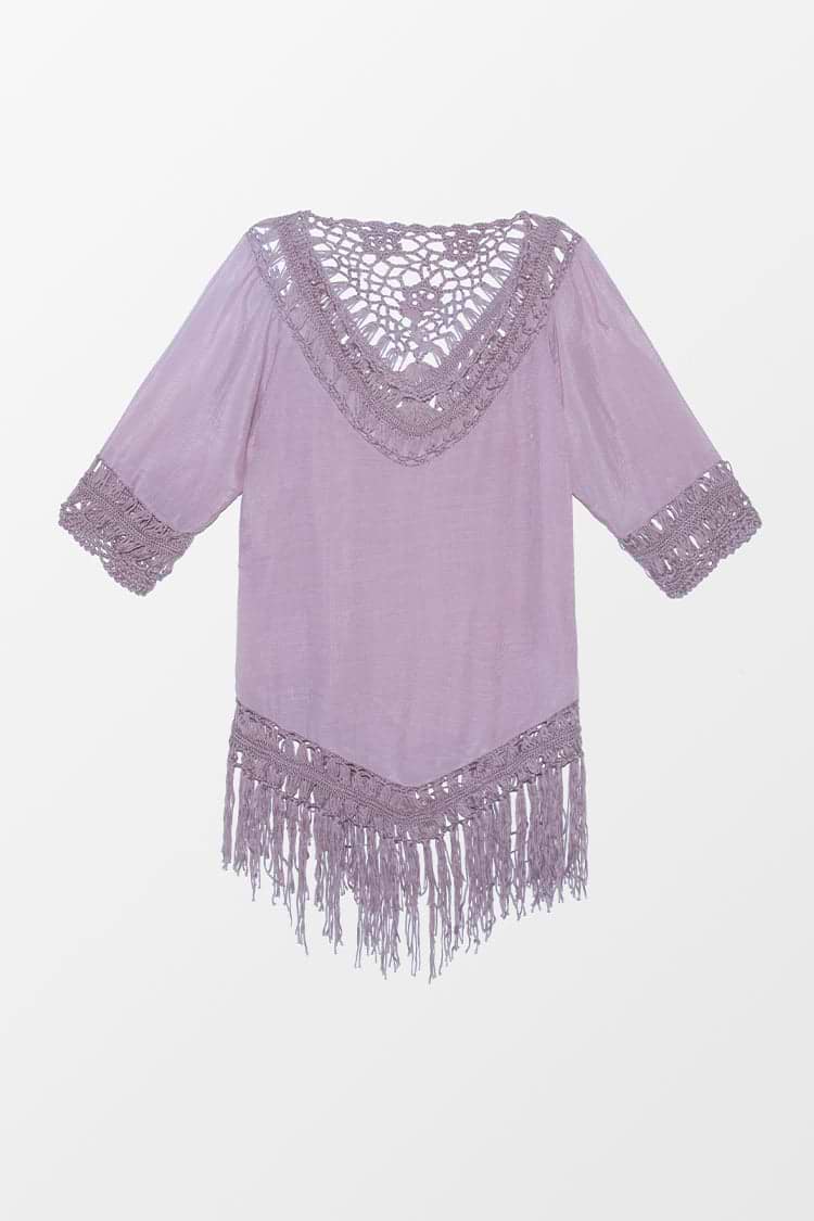 Cover up à demi-manches à franges au crochet