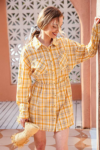 Aisha Gingham Long Sleeve Shirt Collar Dress