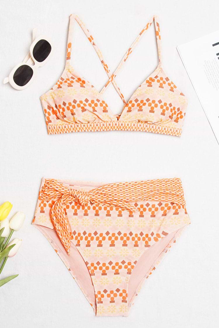 Bikini à lacets dans le dos et à imprimé géométrique