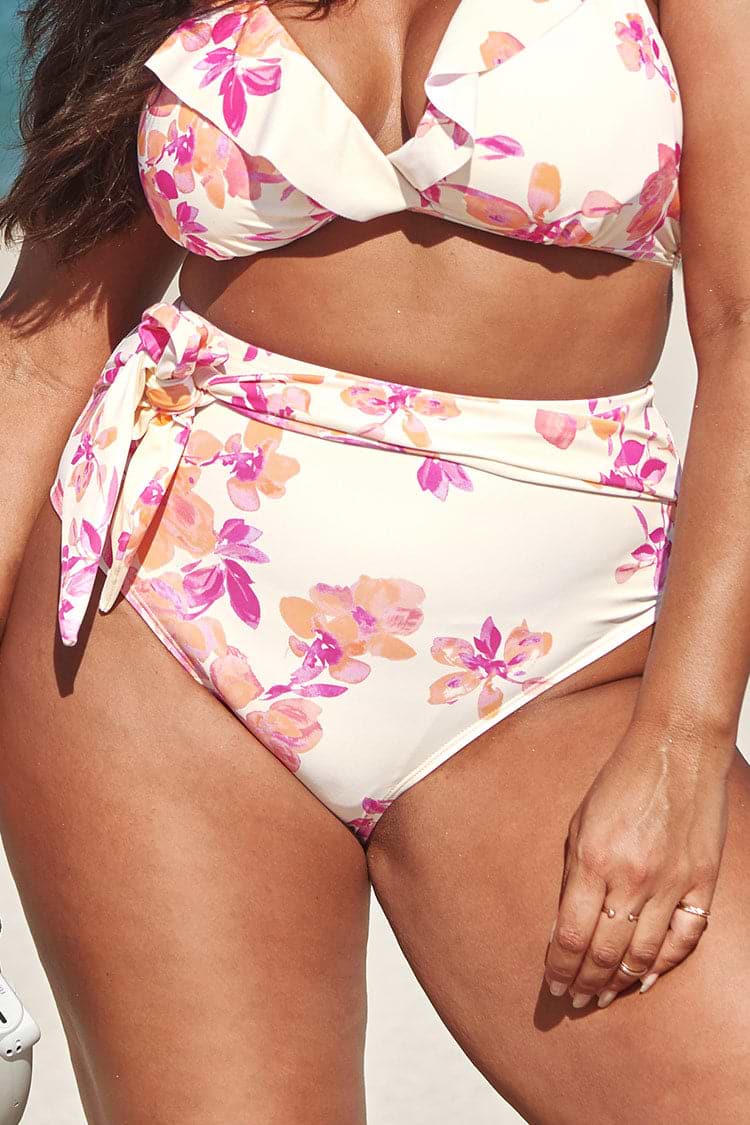 Bas de bikini grande taille fleuri à nouer sur le devant