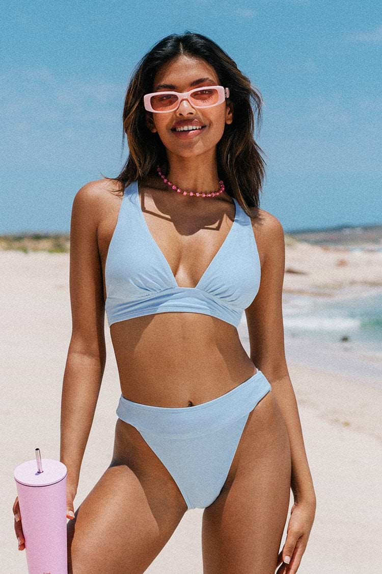 Abigale Blue Criss Cross Back Tie Ruched Longline Bikini