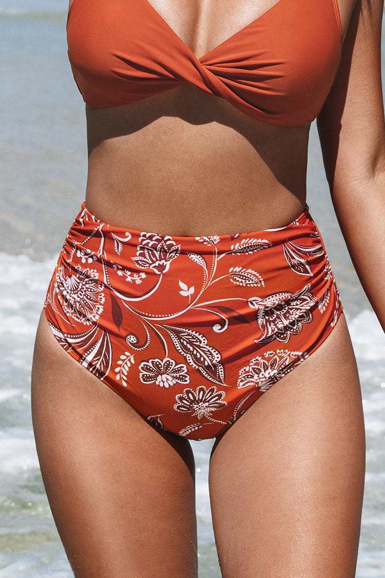 Boho geraffte Bikinihose mit High waist