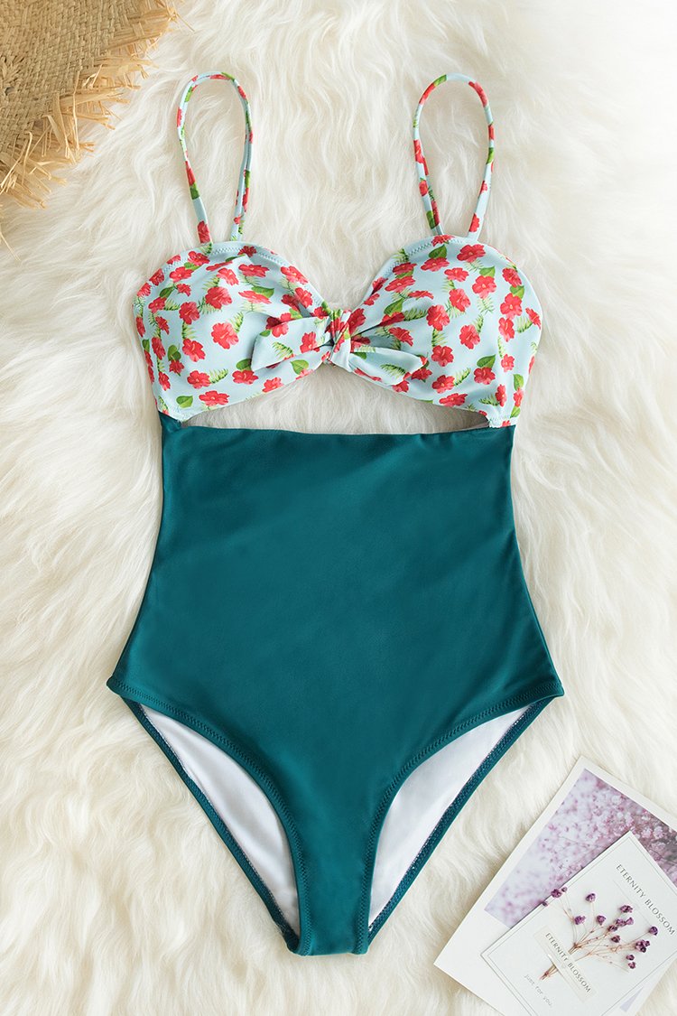 Bañador Una Pieza Mini Hibiscus y Azul Sólido