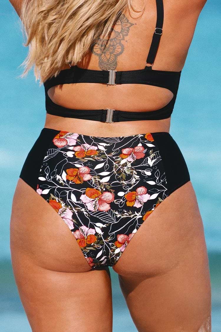 Braguita de Bikini Negro Floral de Cintura Alta Talla Grande