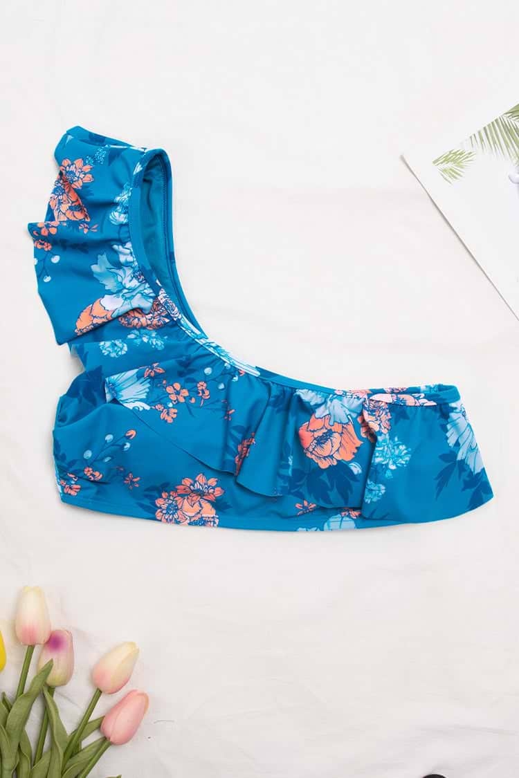 Haut de bikini à une épaule à volants bleu