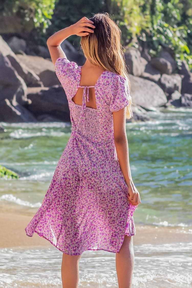 Vestido midi estampado floral ditsy con moño atado