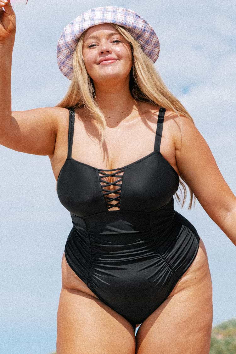 Caitlin Black Strappy Ruched Plus Size One Piece Swimsuit