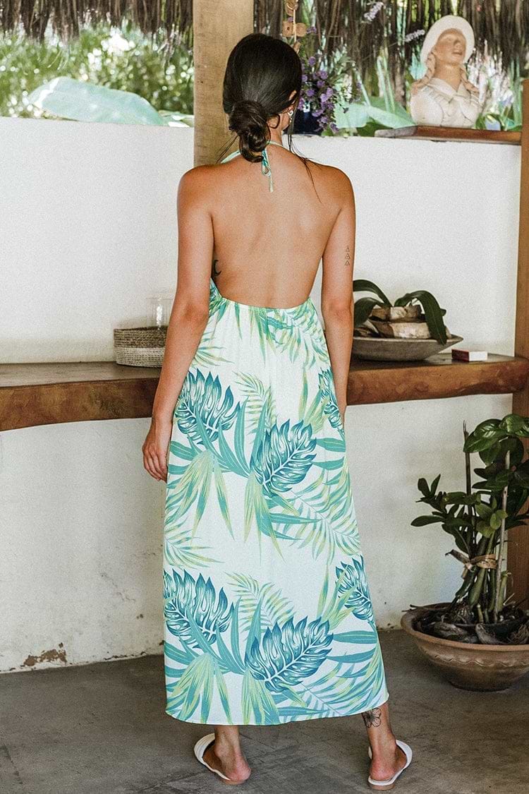 Michele Tropical Plants Cut-out Front Halter Dress
