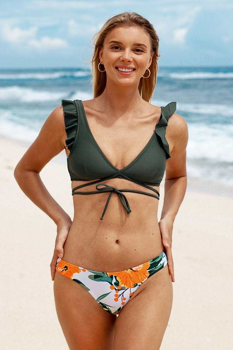 Bikini Verde Oliva Floral con Tirantes y Olanes