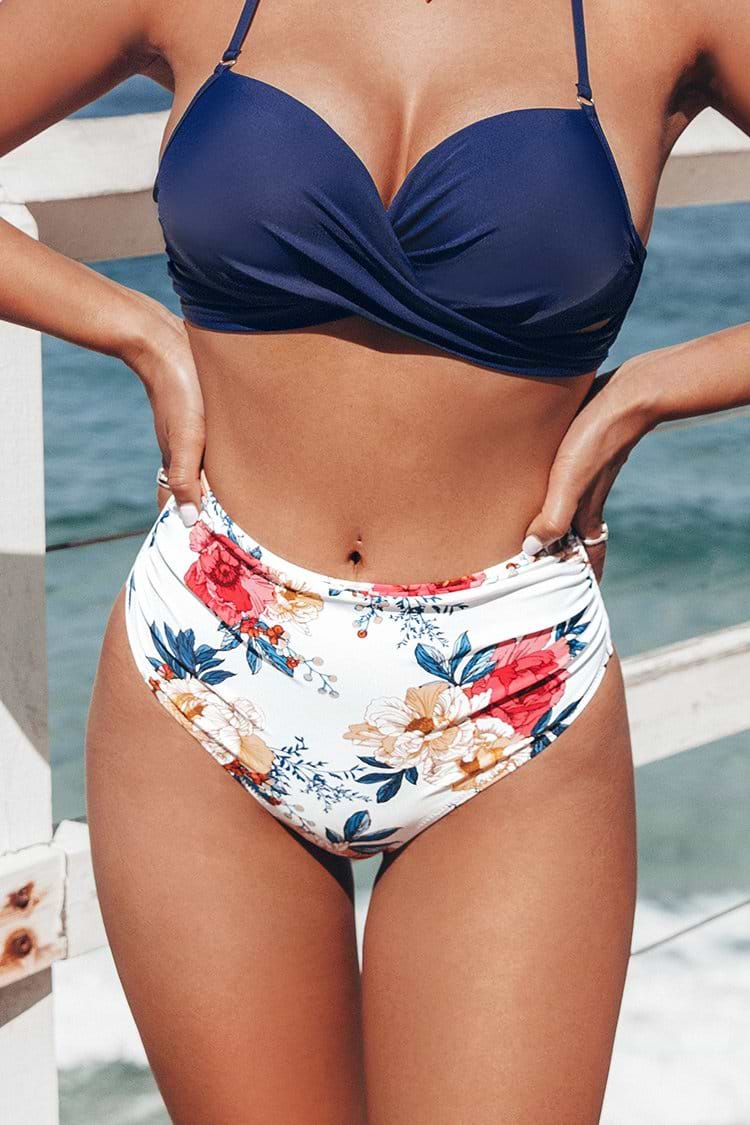 Braguita de Bikini Blanco Floral con Cintura Alta Plisado