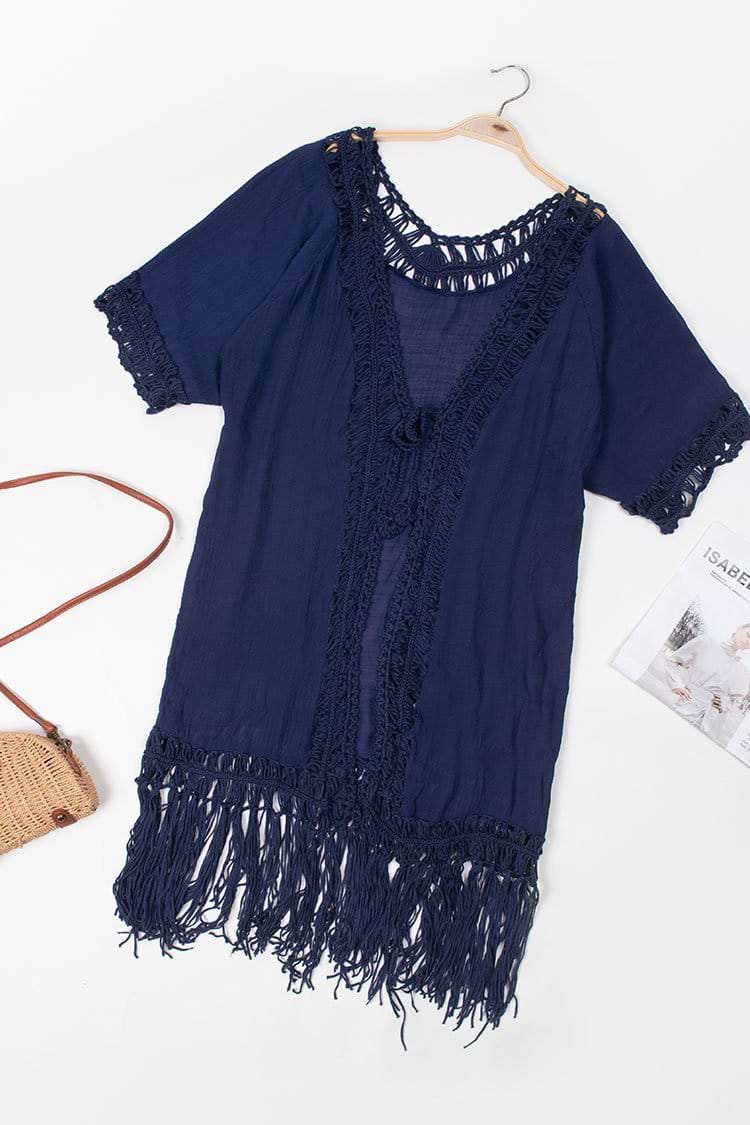 Flamenco Navy Front Open Tassel Crochet Kimono