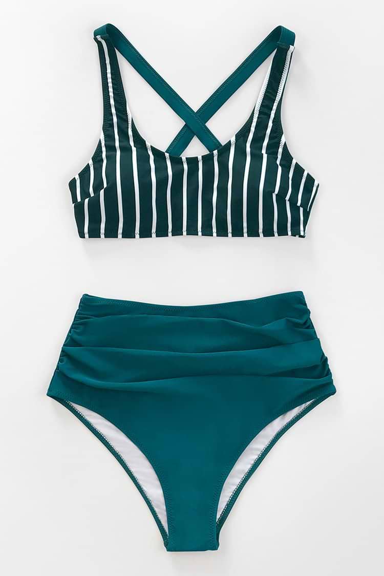 Bikini a Rayas Verde Azulado y Blanco de Cintura Alta