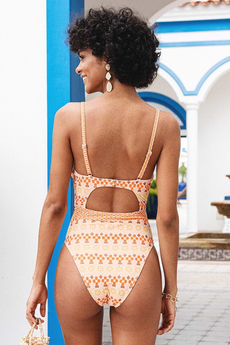 Retro Print Lace-up One Piece Swimsuit-Yellow