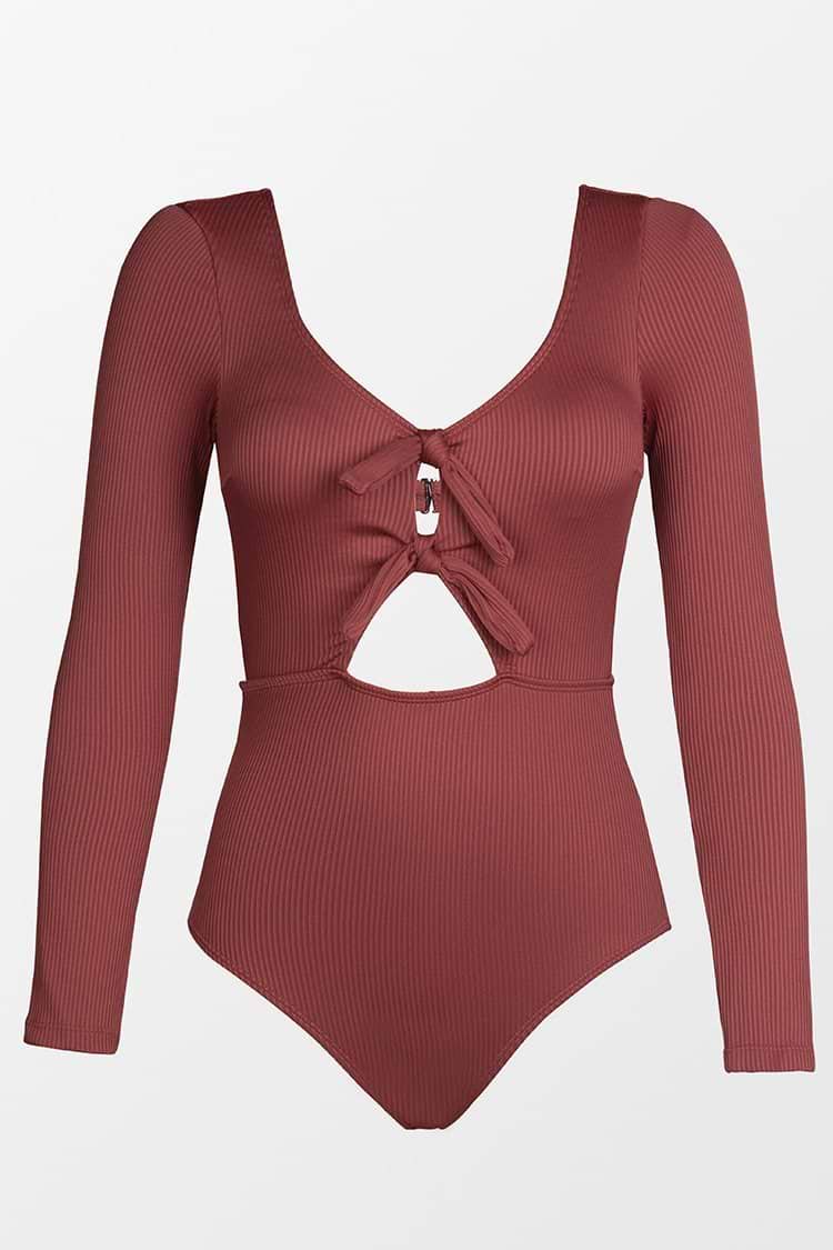 Winter Scoop Texture Cut Out Long Sleeve One Piece Swimsuit