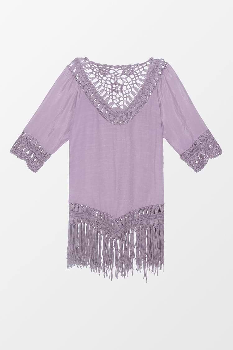 Cover up à demi-manches à franges au crochet