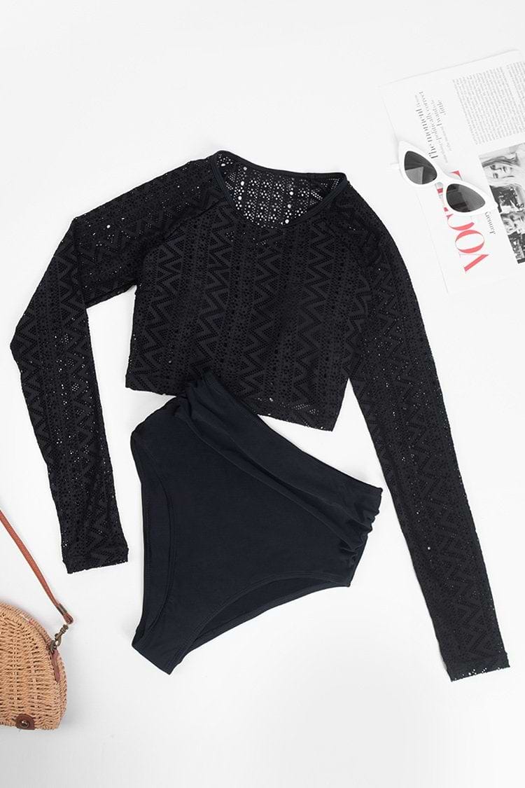 Tankini negro de manga larga con pliegues Royalty