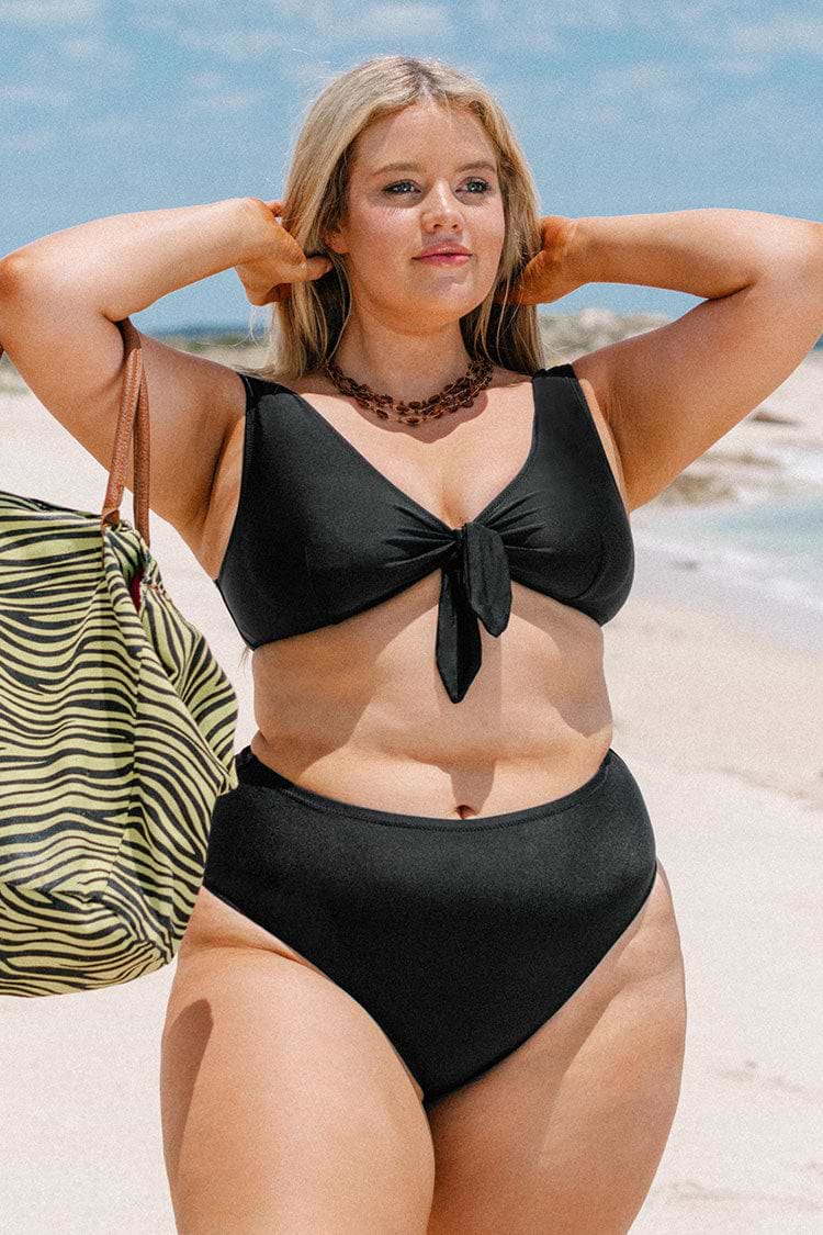 Jacey Black Bow Tie Plus Size Bikini & High Waist Bottom Set