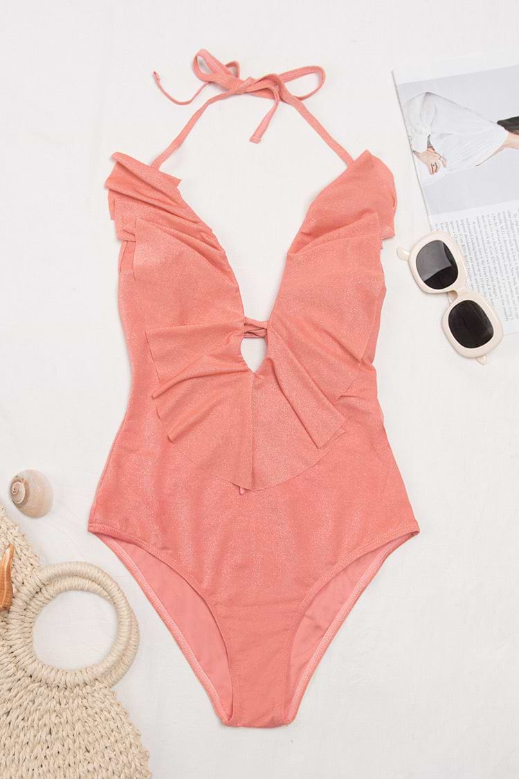 Maillot de bain une pièce rose à col plongeant et à volants