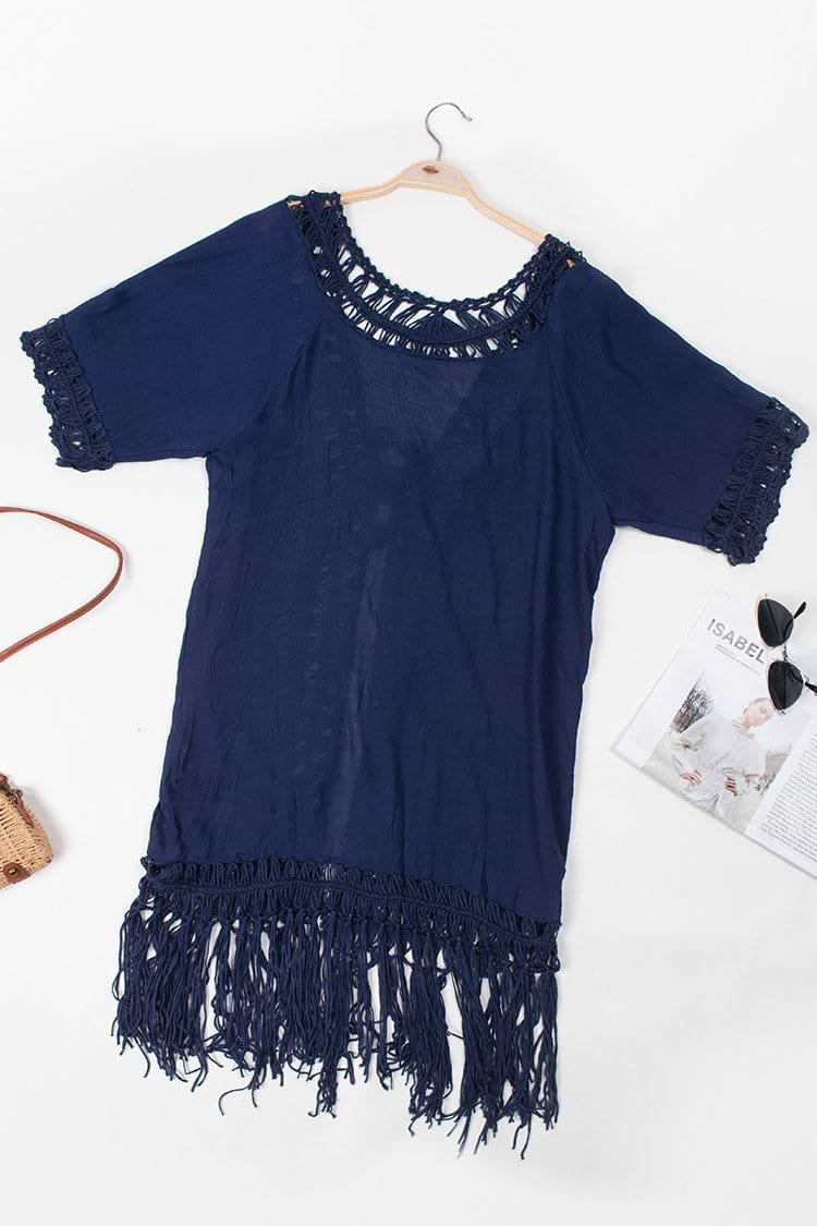 Flamenco Navy Front Open Tassel Crochet Kimono