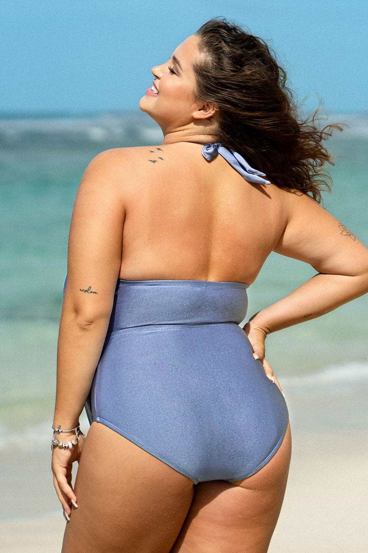 Maillot de bain une pièce grande taille à col en V et dos nu avec ceinture
