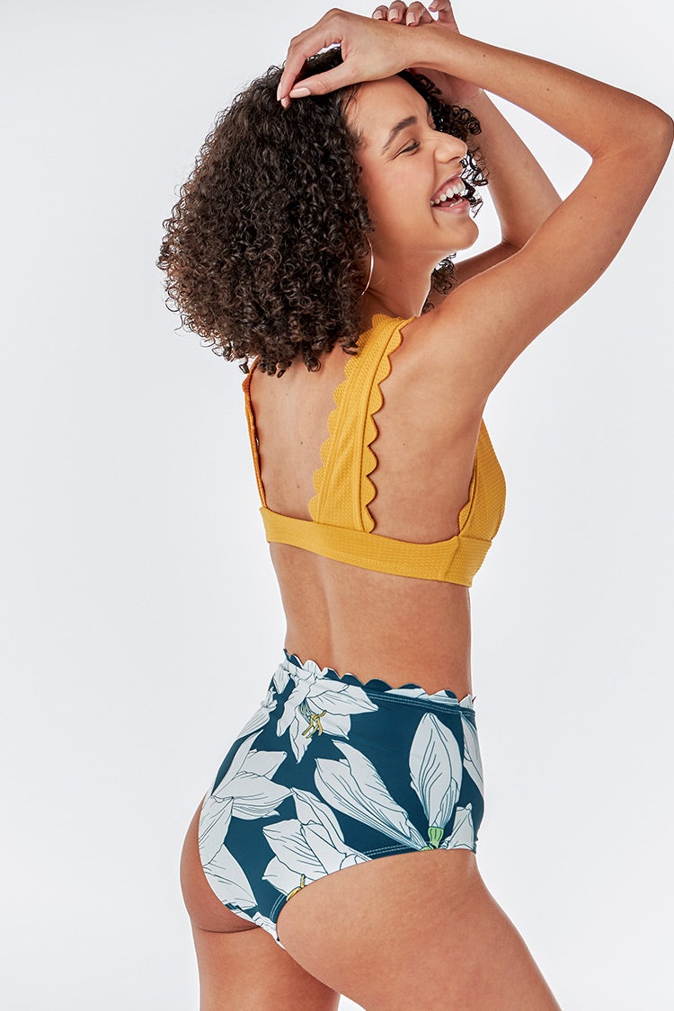 Bikini Amarillo y Floral Cuello V Festoneado