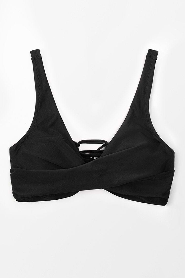 Top de bikini de talla grande con cordones y cuello en v negro Cecilia