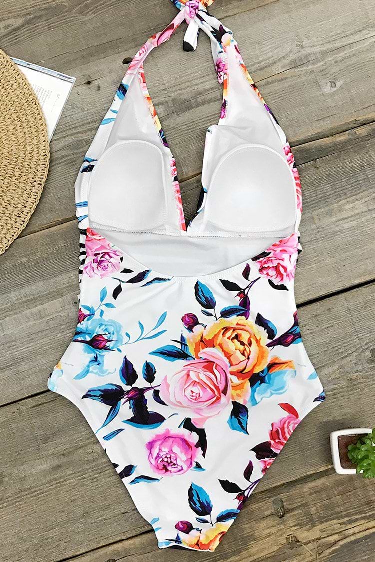 Bañador Una Pieza Floral y Rayas con Cuello Halter