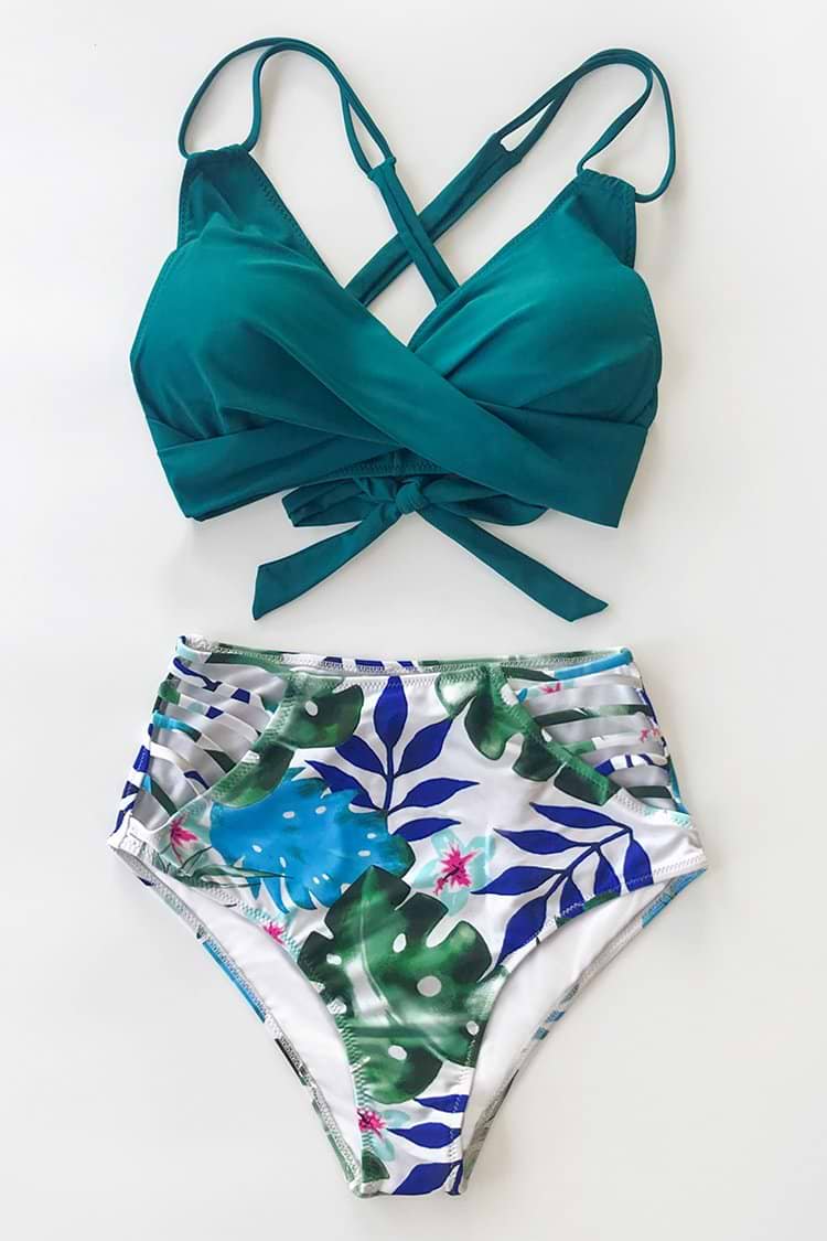 Bikini de Corte Alto con Frente Trenzado Tropical Palms
