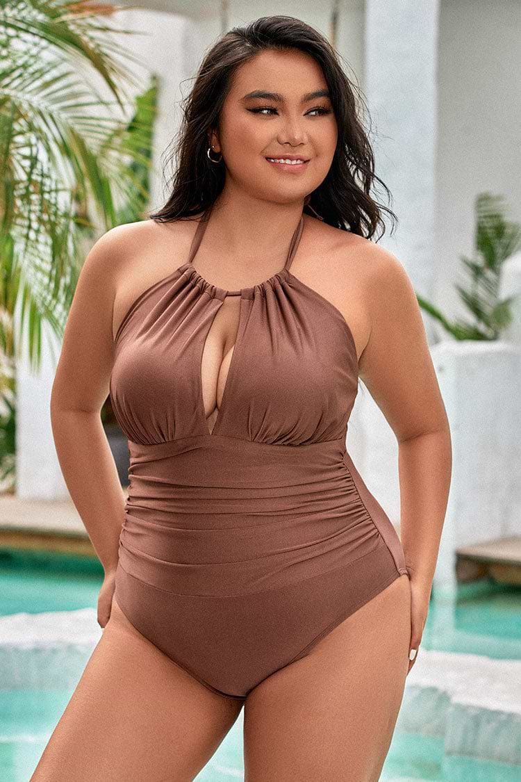 Maillot de bain une pièce grande taille ruché à col haut