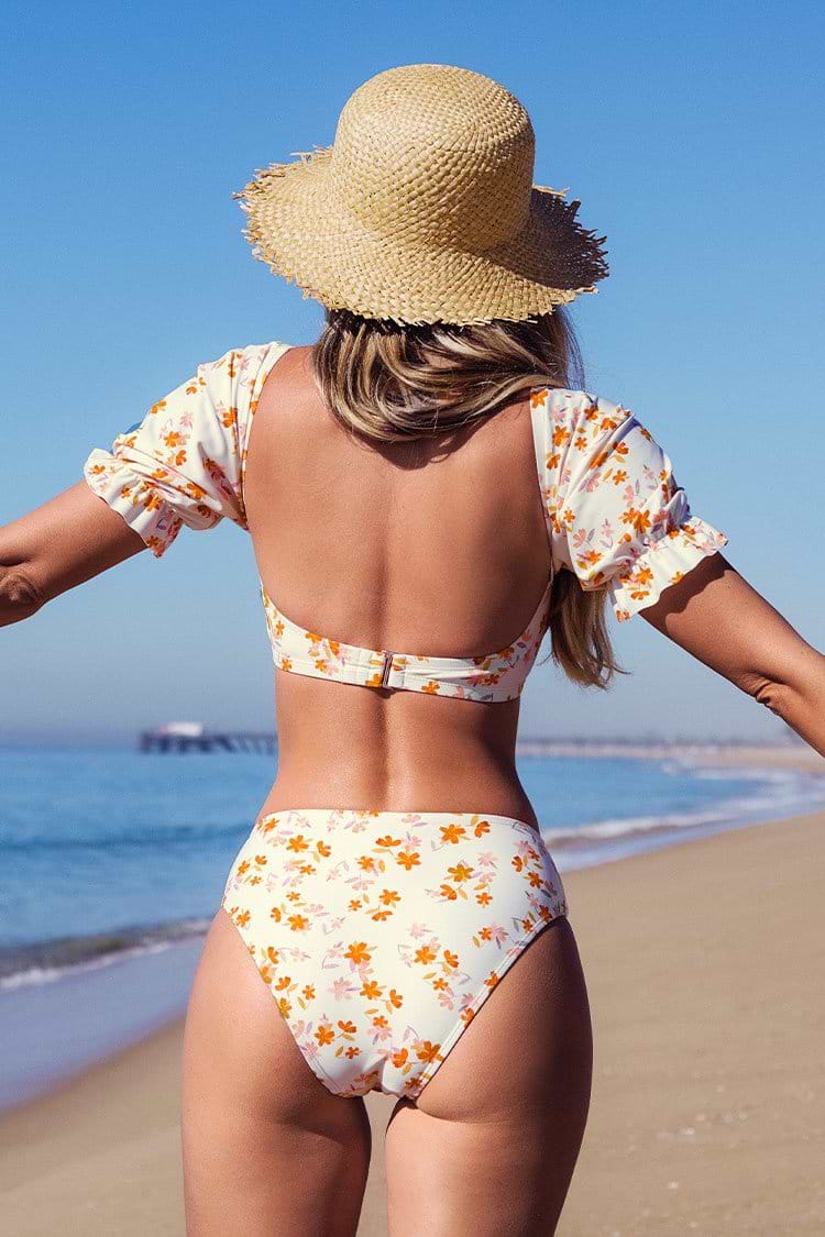Dance Flower Volume Sleeve and Side Shirred Hipster Bikini Swimsuit