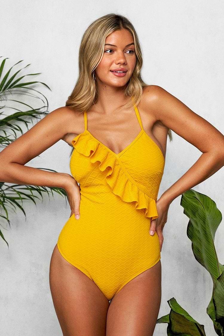 Bañador de Una Pieza Amarillo con Olanes y Tirantes Atados