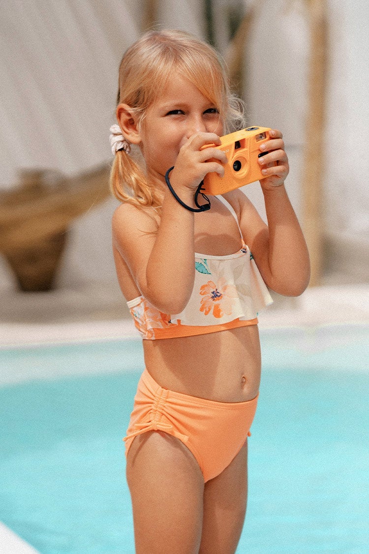 Girls Yellow Floral Ruffled Bandeau Tankini Set