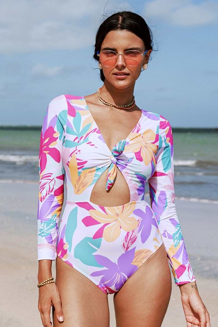 Multi Spring Bunny Tie Cutout Long Sleeve One Piece Swimsuit