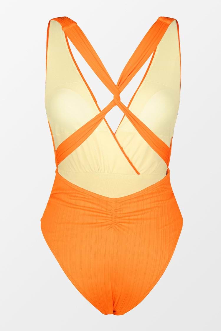 Retro Rib Surplice Sash Texture Belt One Piece Swimsuit-Orange