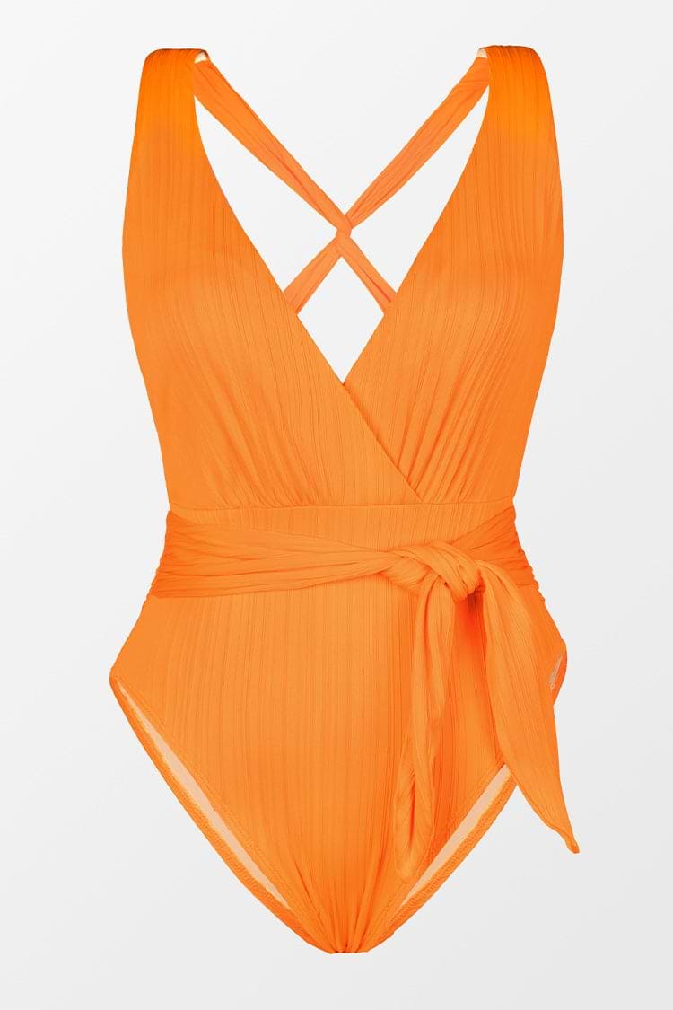 Retro Rib Surplice Sash Texture Belt One Piece Swimsuit-Orange