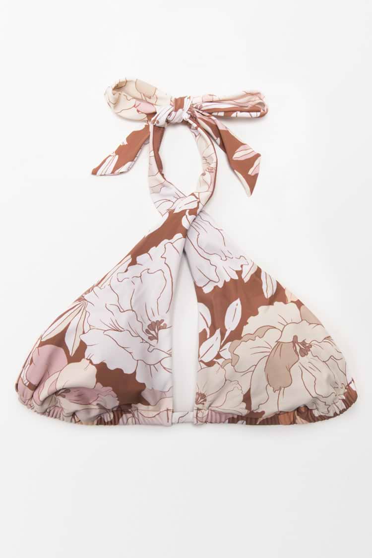 Haut de bikini fleuri croisé à dos nu et à licou
