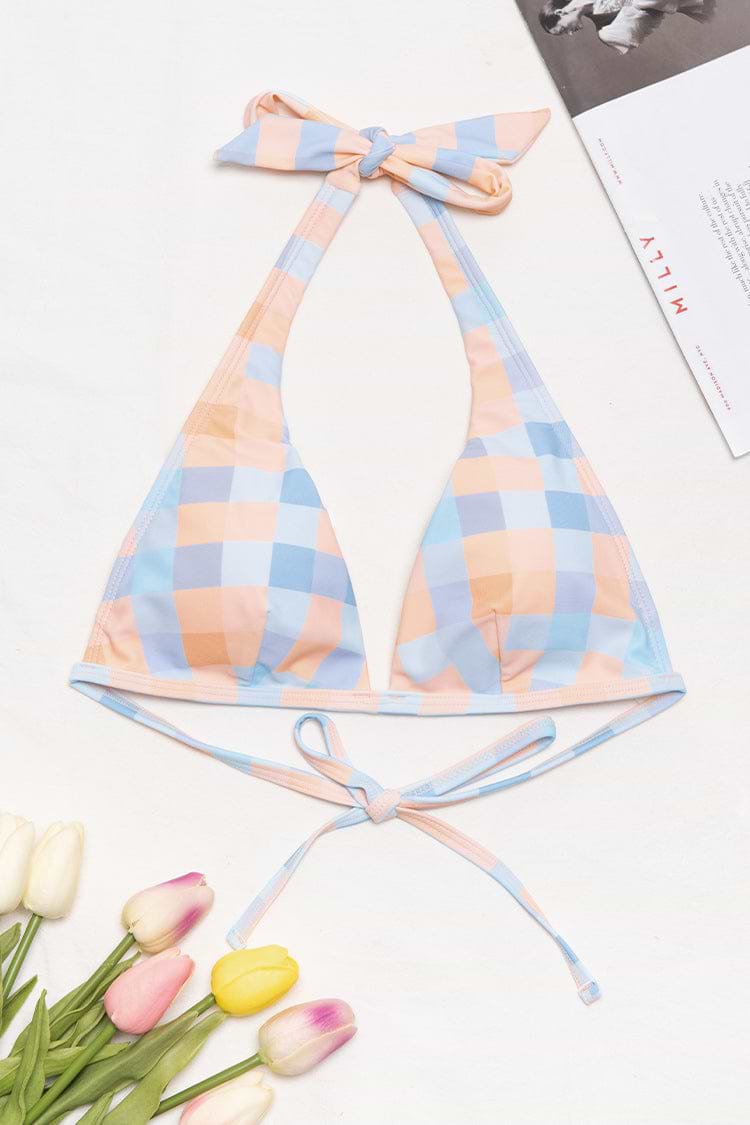 Haut de bikini à carreaux à licou noué au dos