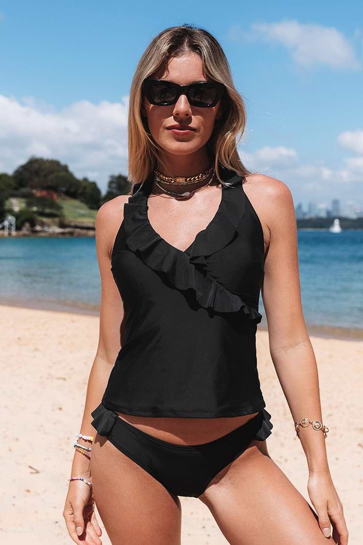 Angelique Black Ruffle Halter Tankini