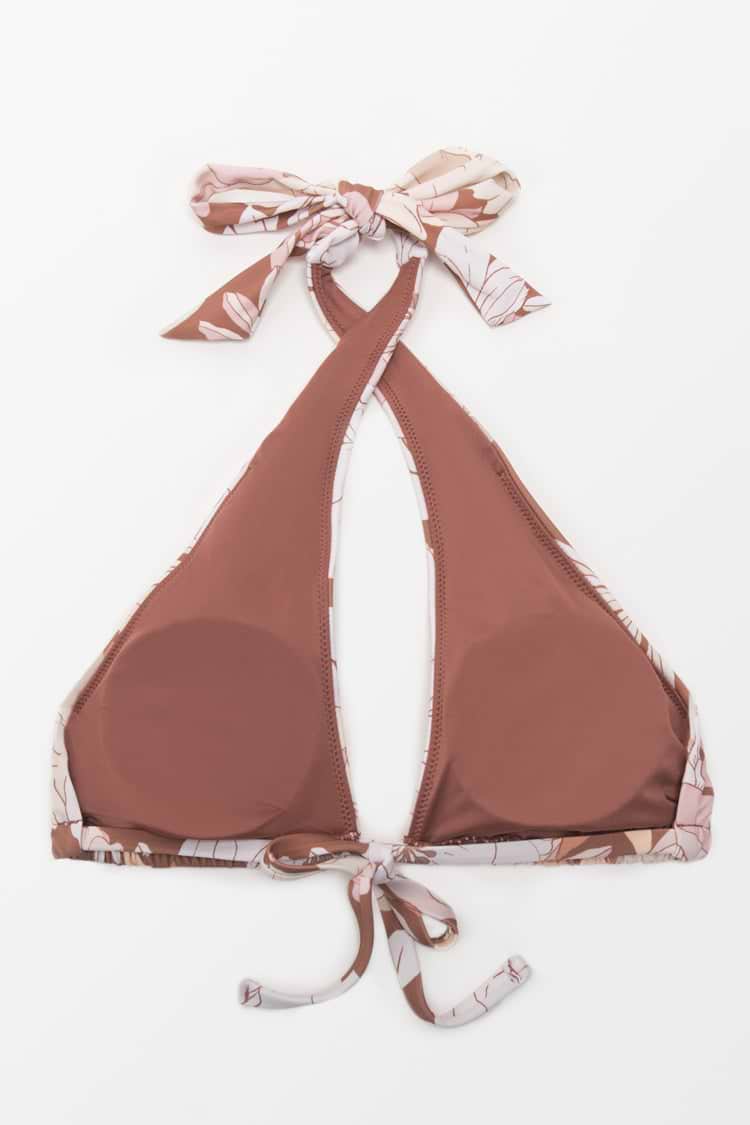 Haut de bikini fleuri croisé à dos nu et à licou