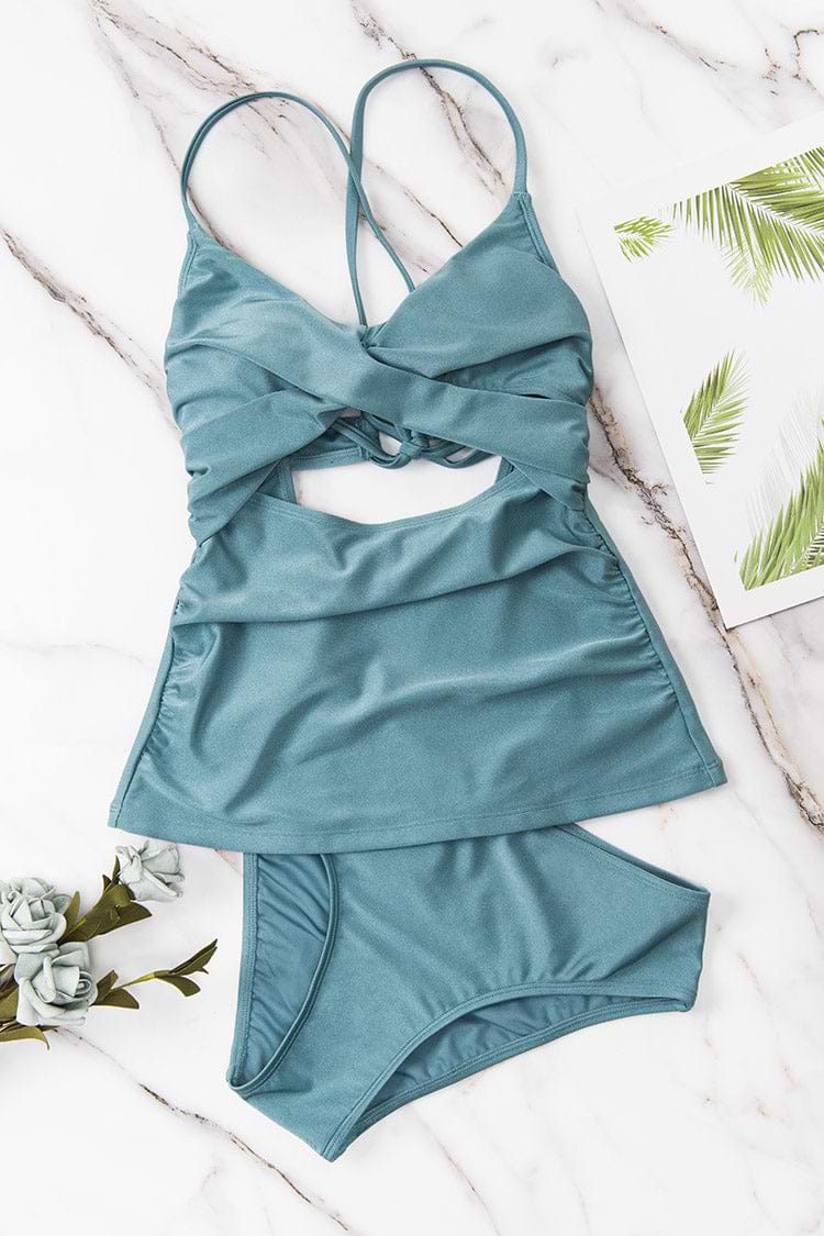 Shangrila Solids Wrap Front Tankini & Midrise Hipster Bottom Set