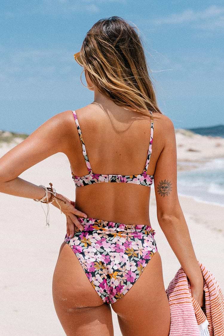 Caitlynn Floral V-neck High Waisted Frill Bikini