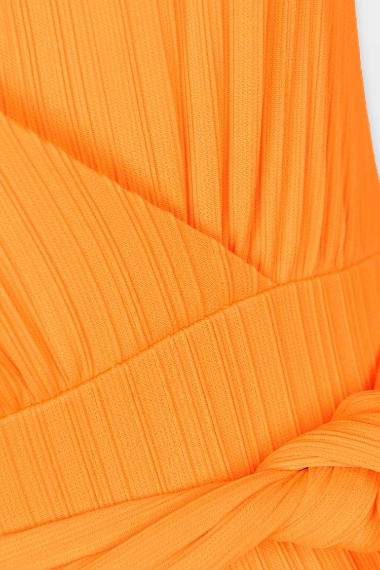 Retro Rib Surplice Sash Texture Belt One Piece Swimsuit-Orange