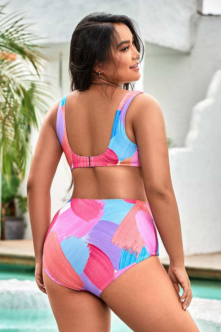 Plus Size Leaf Print Tummy Control Bikini Swimsuit